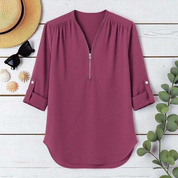 🆕️Ultra-Chic Purple V-Neck Blouse with Zip Detail & Roll-Up Sleeves Trendy 💜✨ - Picture 1 of 12
